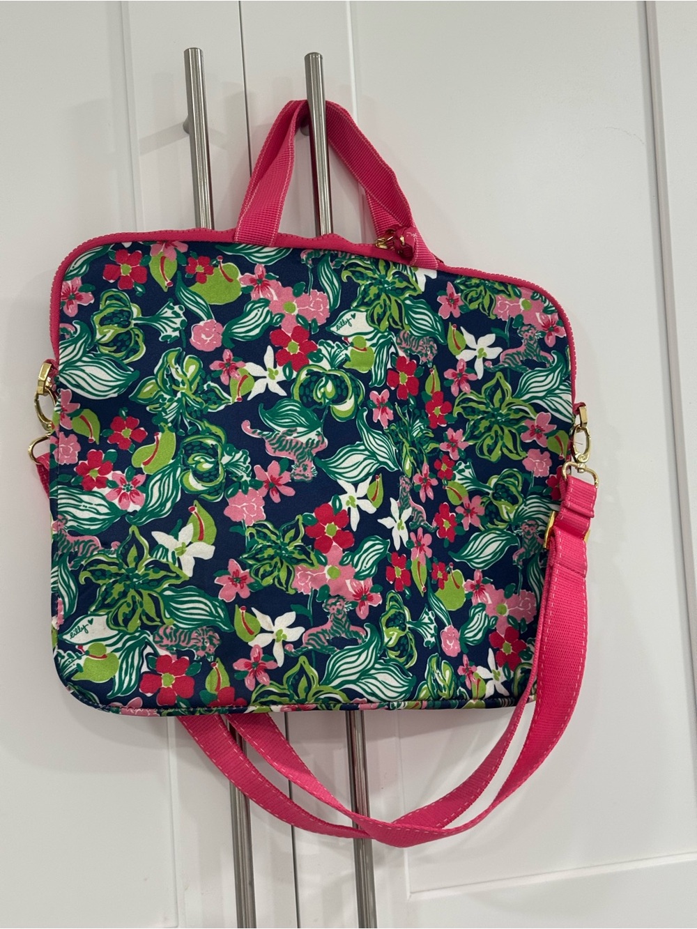 Lilly Pulitzer Navy Floral Laptop Tote with Hot Pink Accents